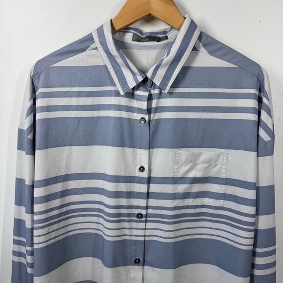 PrAna Top Women's L Striped Agnes Blue White Button Down Shirt Roll Tab Sleeves - Picture 3 of 6